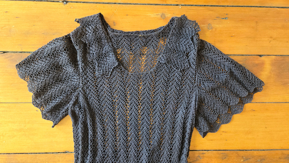 1930s charcoal crochet flutter sleeve gown