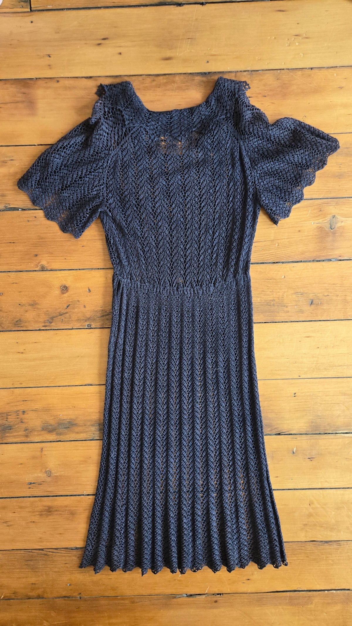 1930s charcoal crochet flutter sleeve gown