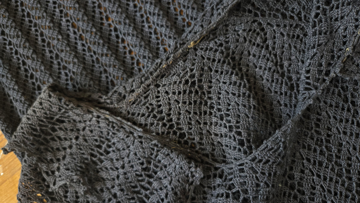 1930s charcoal crochet flutter sleeve gown