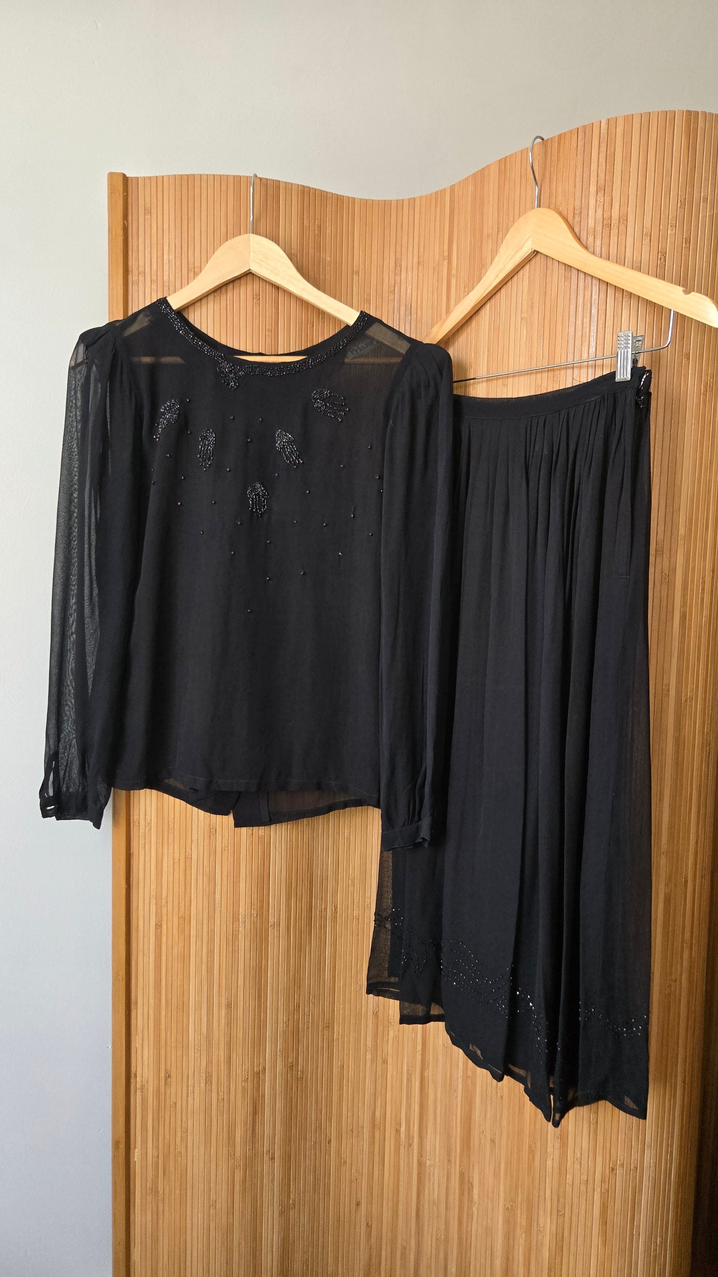 Black sheer beaded top & skirt set