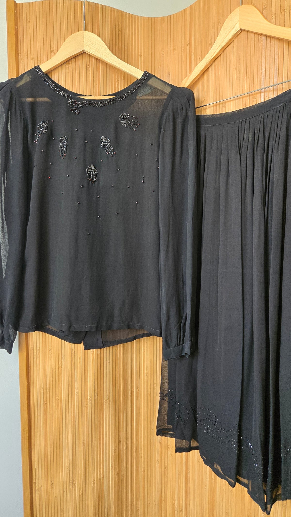 Black sheer beaded top & skirt set