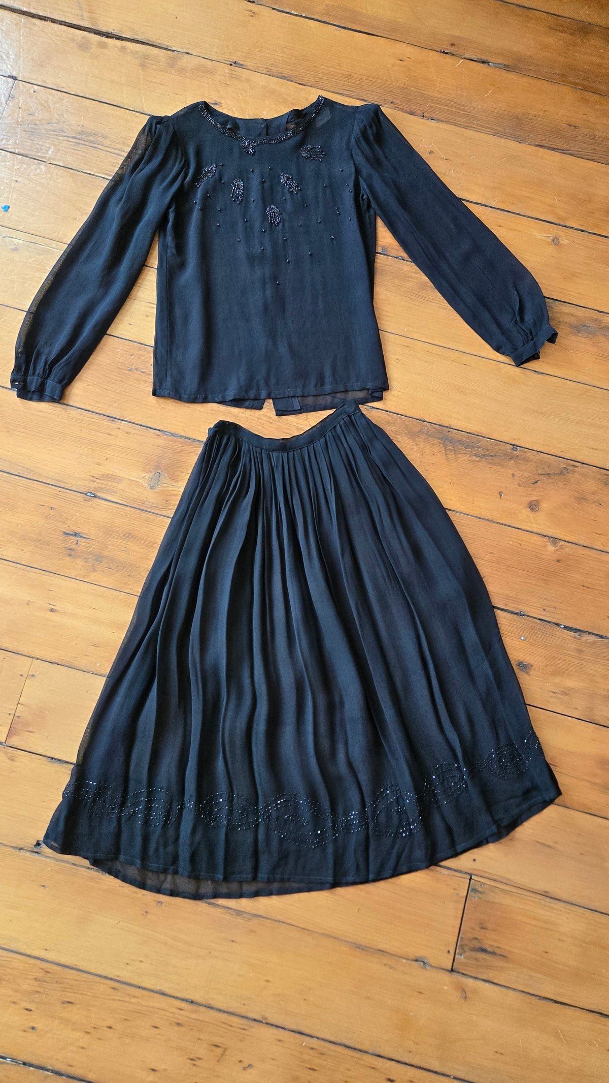 Black sheer beaded top & skirt set