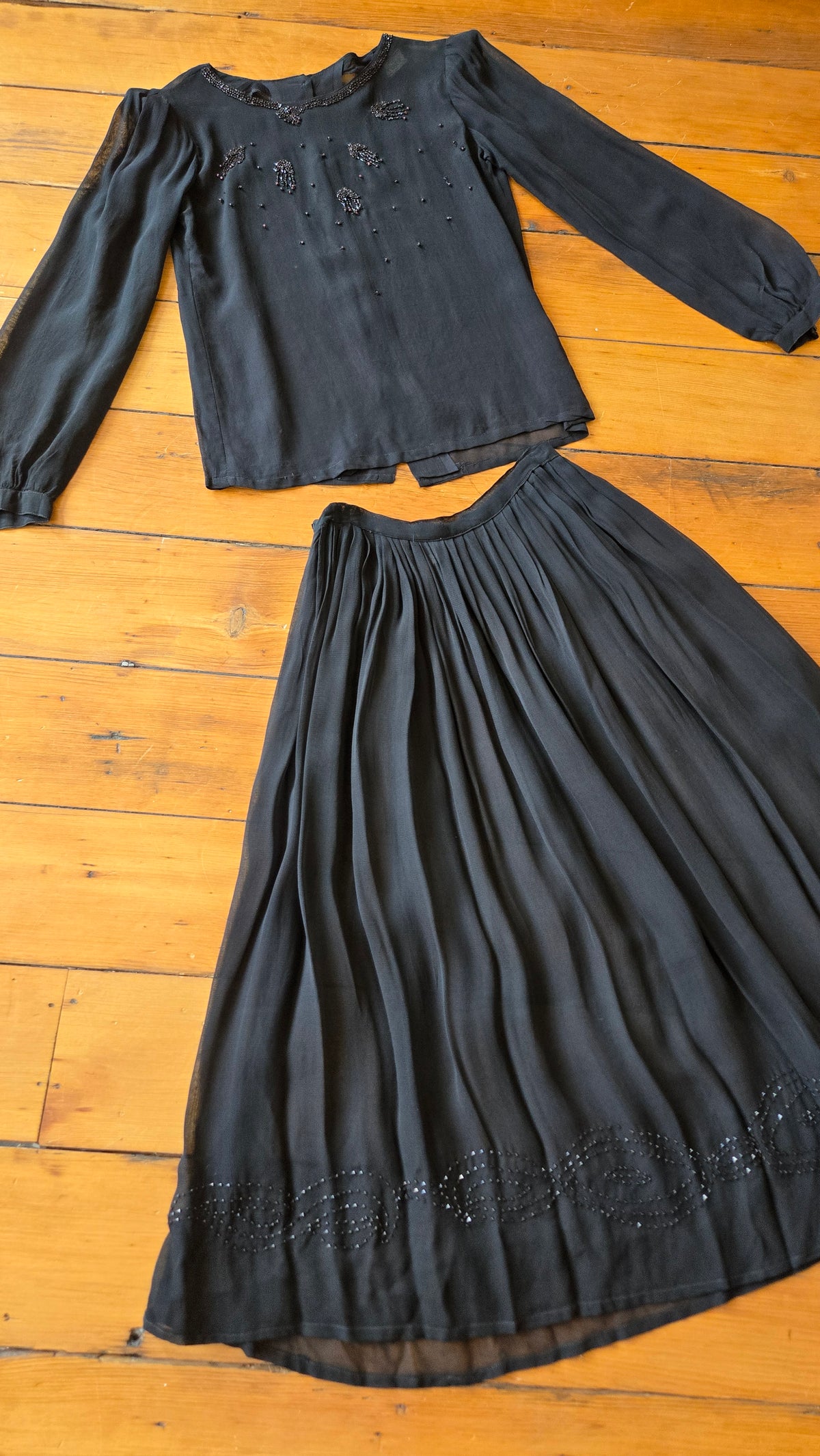 Black sheer beaded top & skirt set
