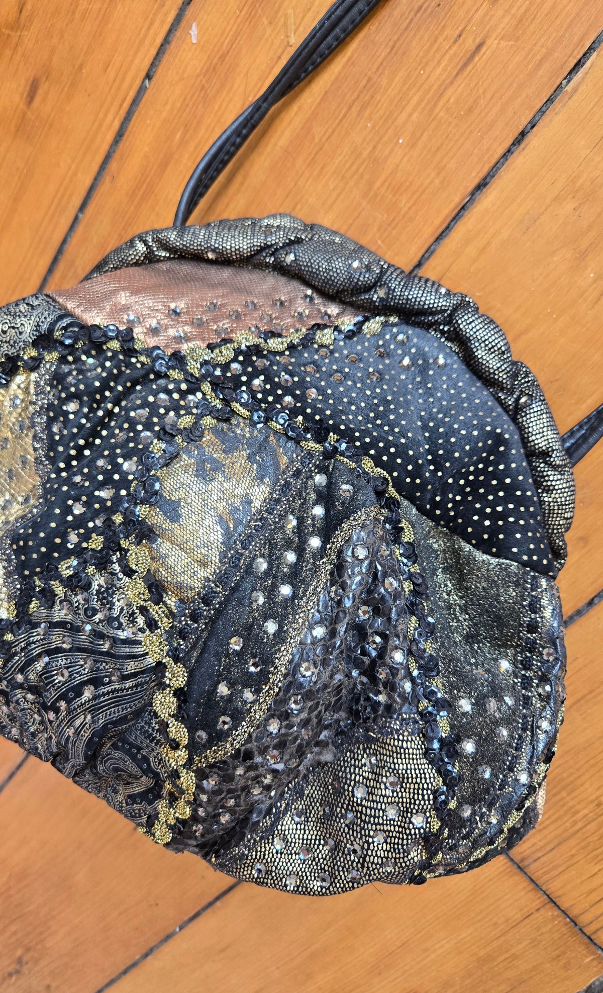 Patchwork leather & rhinestone purse as is