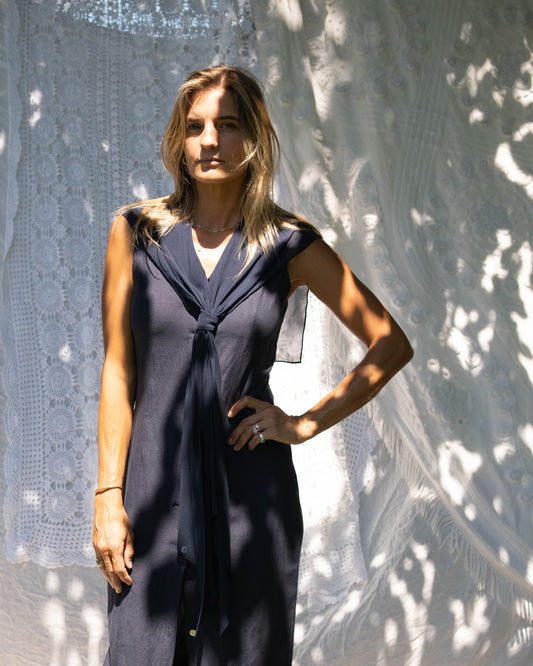 Navy linen button-front dress with silk shawl