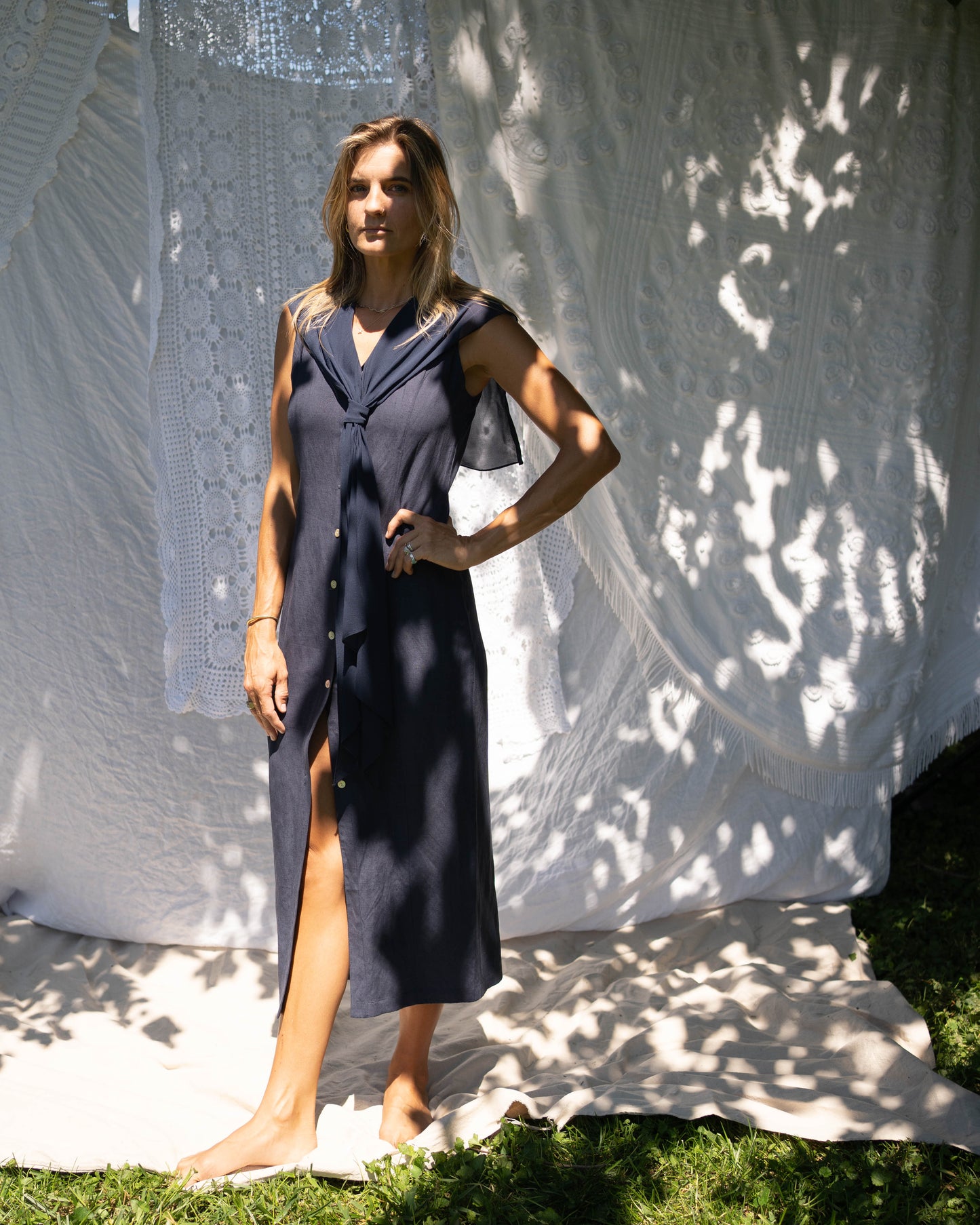 Navy linen button-front dress with silk shawl