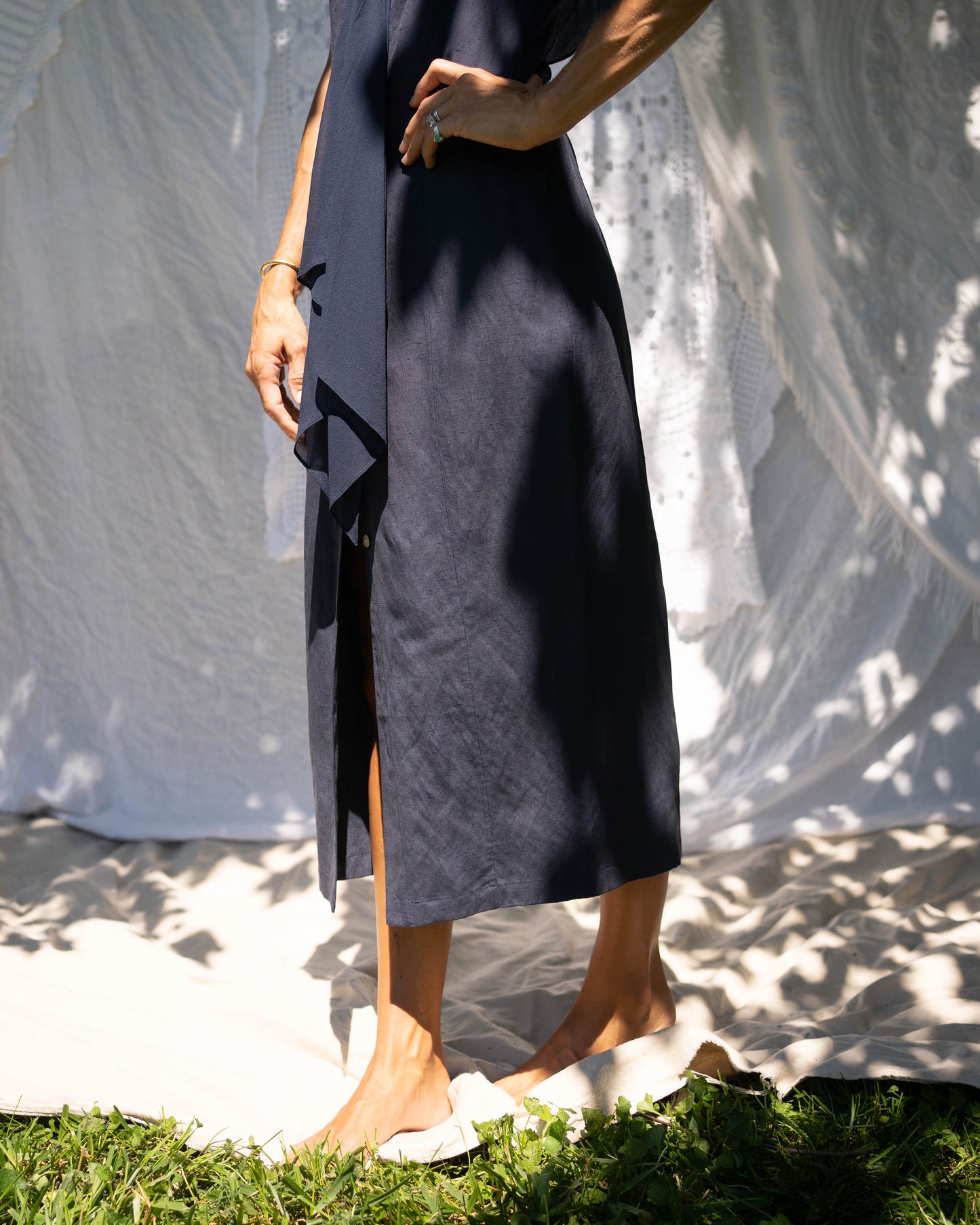 Navy linen button-front dress with silk shawl