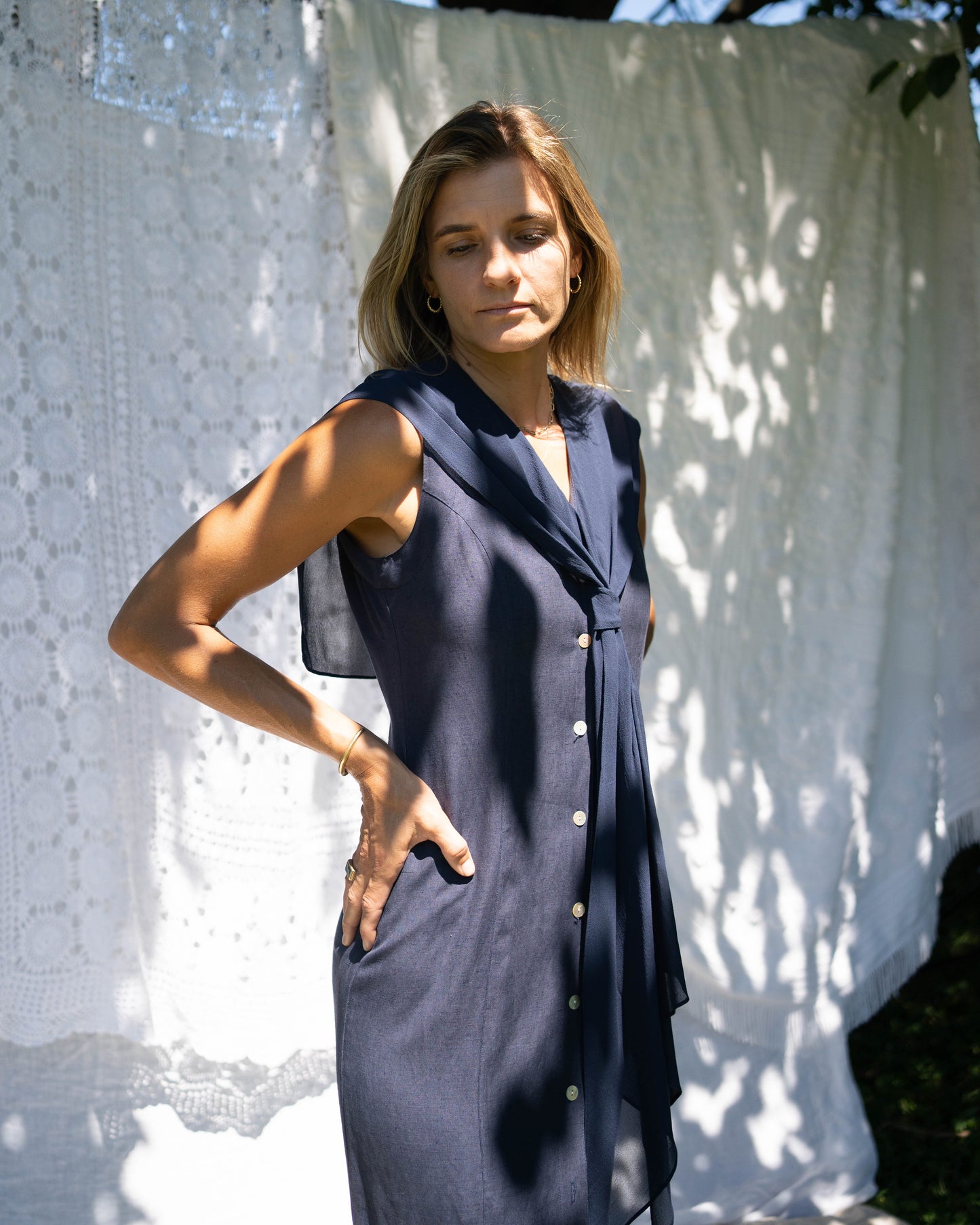 Navy linen button-front dress with silk shawl