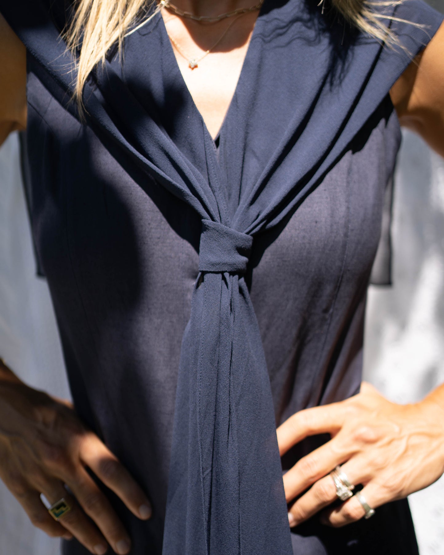 Navy linen button-front dress with silk shawl