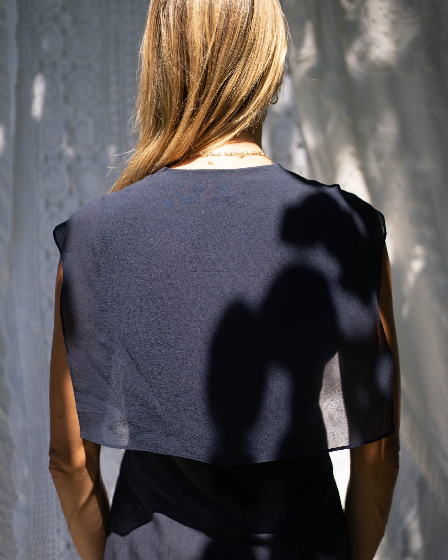 Navy linen button-front dress with silk shawl