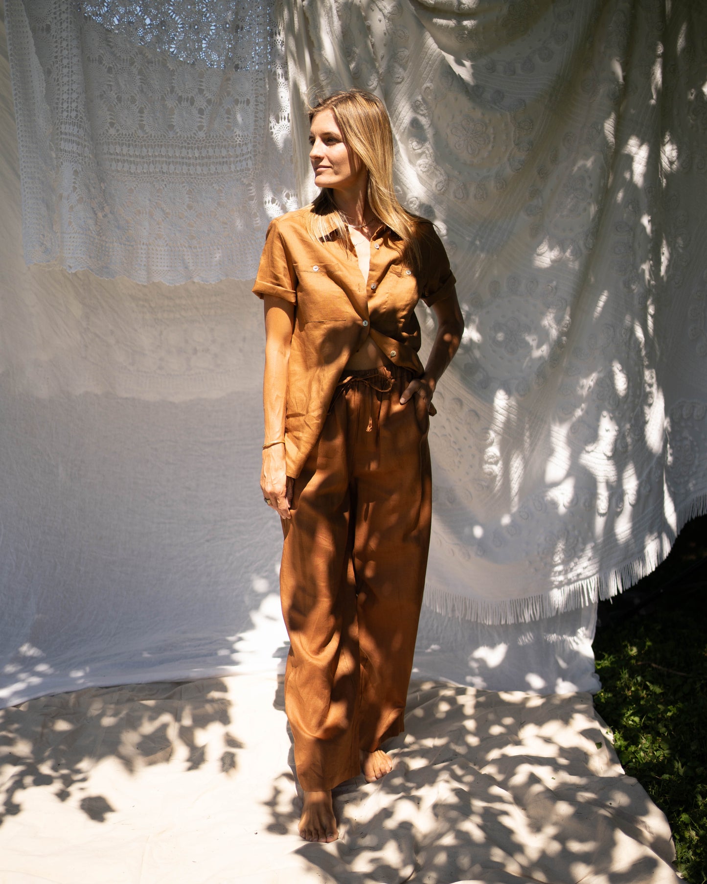 Brown linen drawstring pant set