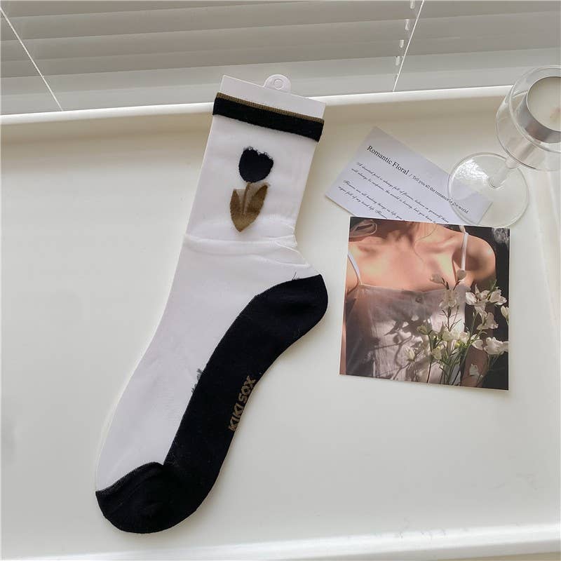 Black Tulip Sheer Mesh Socks: Vertical / M