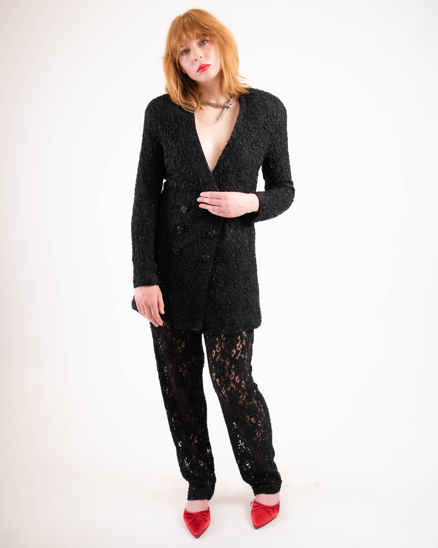 Carmen Marc Valvo beaded suit w sheer pants