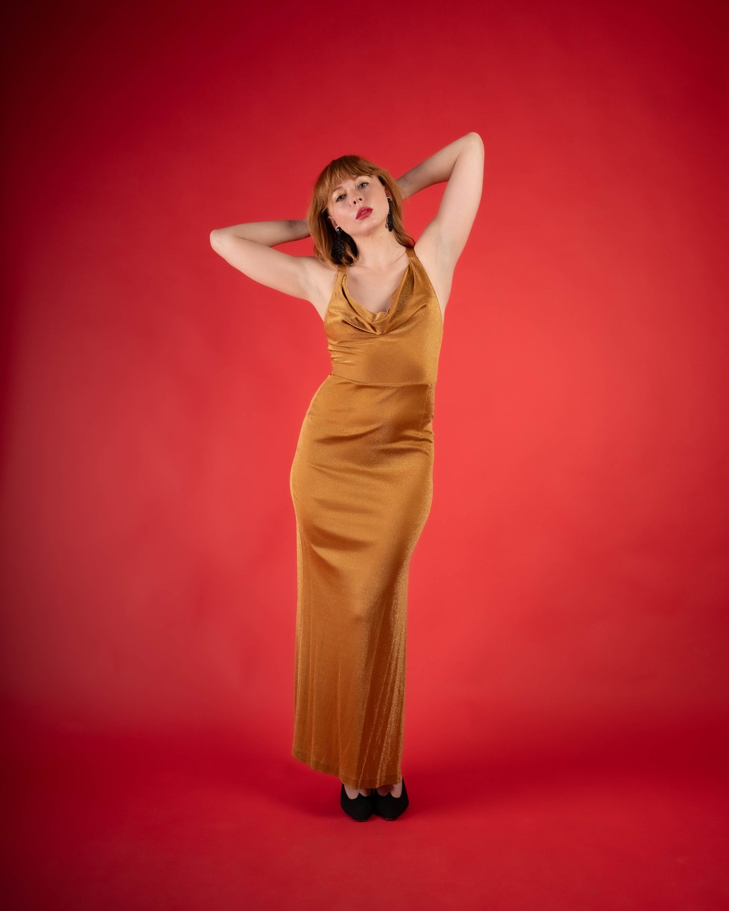 Caché gold bombshell cowl neck gown