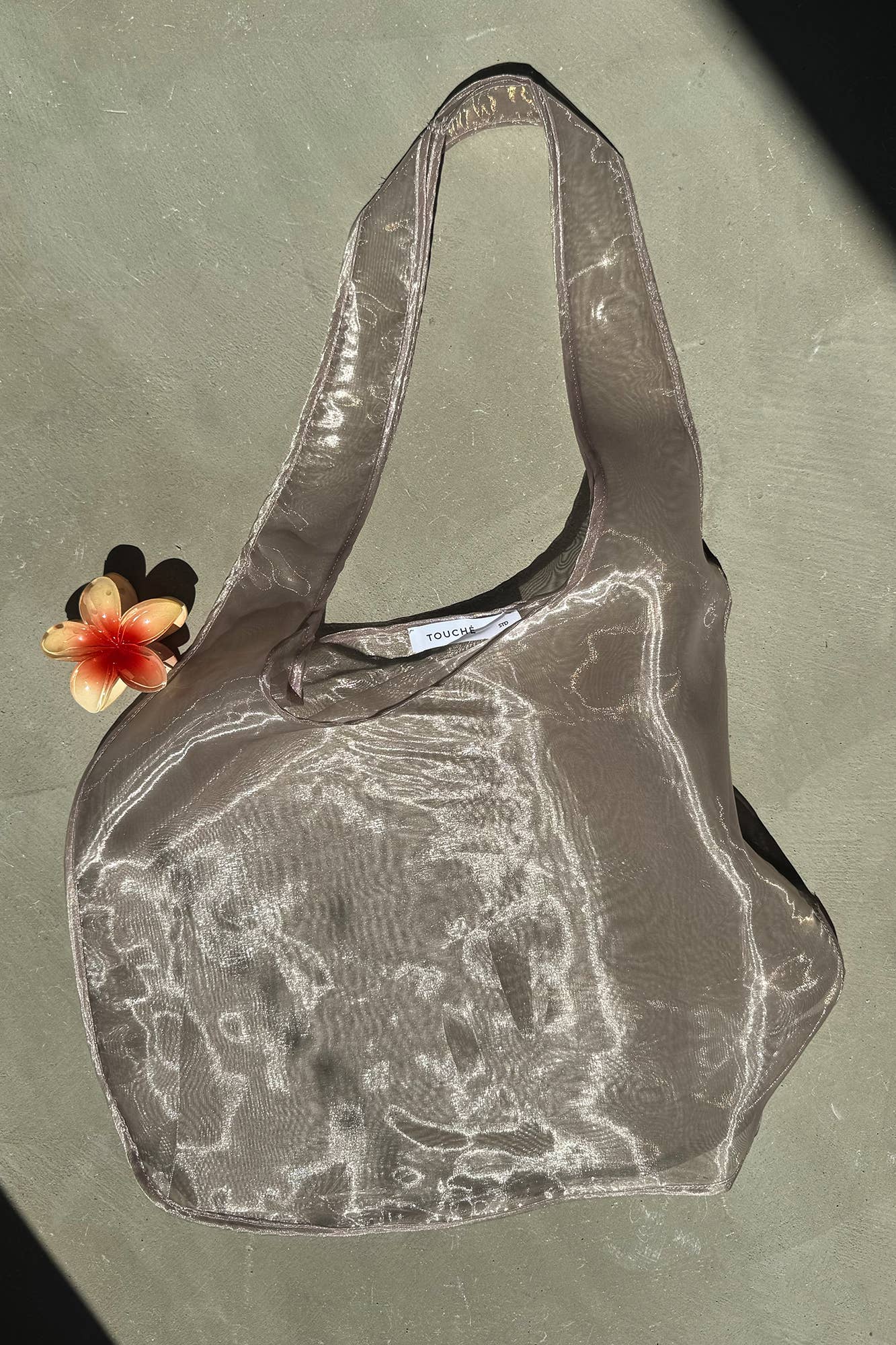 Sheer Wide Strap Organza Shoulder Tote: Khaki