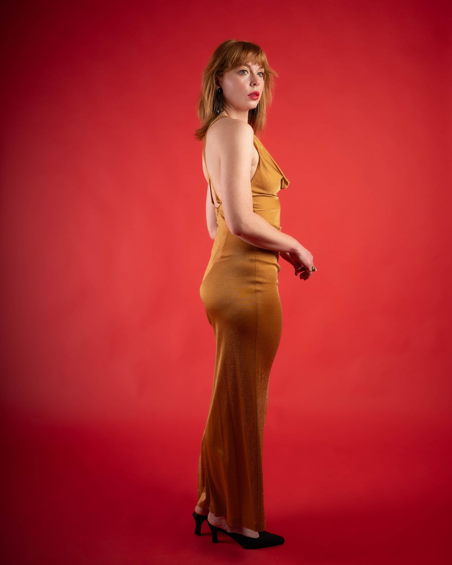 Caché gold bombshell cowl neck gown