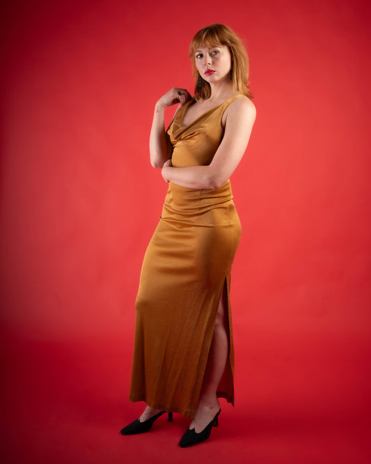 Caché gold bombshell cowl neck gown