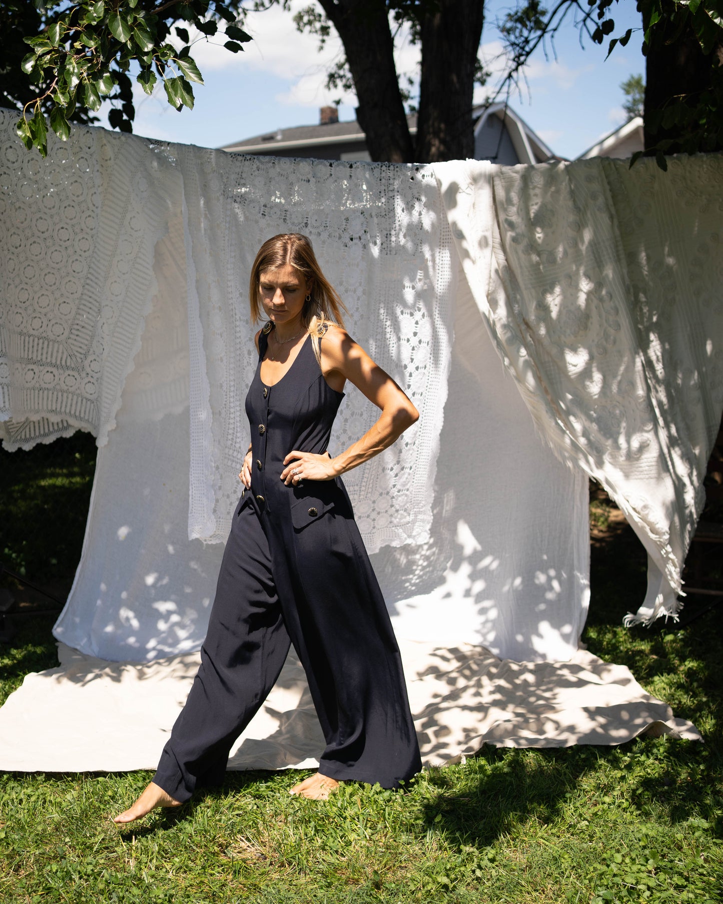 Navy chain strap palazzo jumpsuit