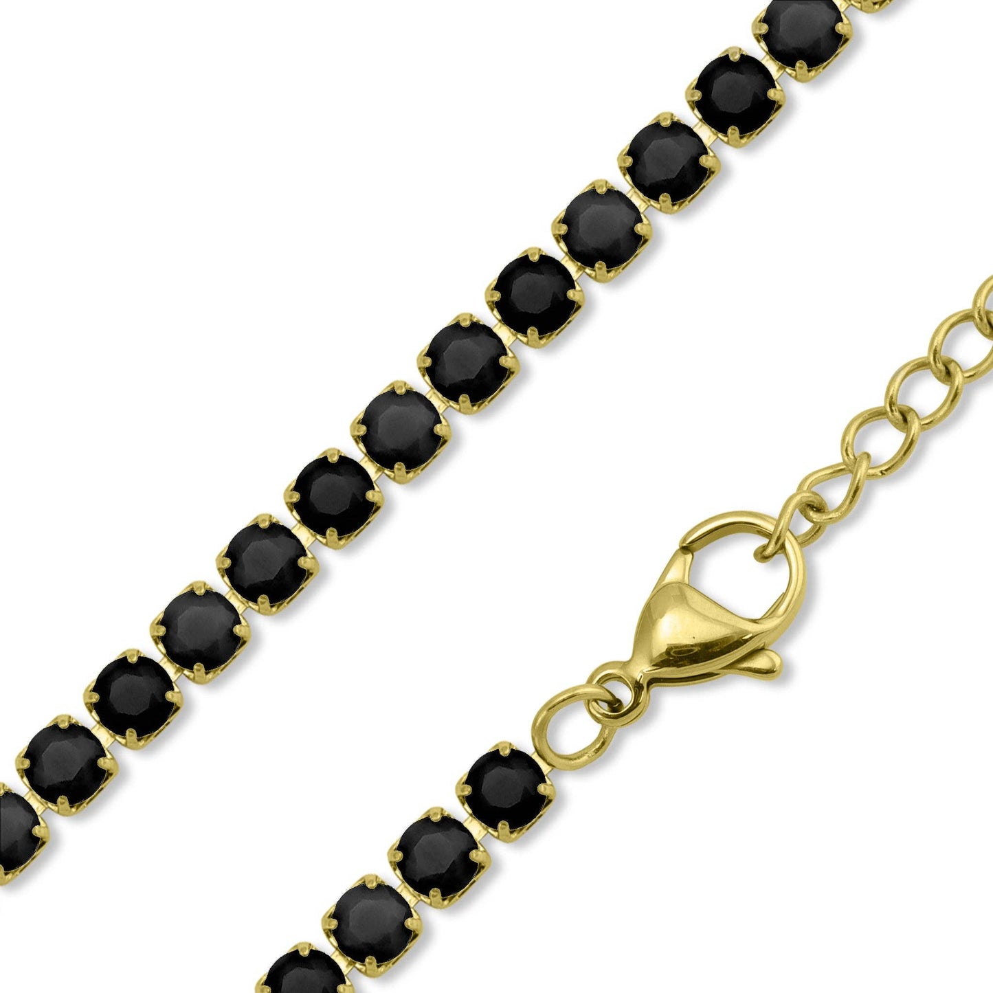 18k Gold Jet Rhinestone Tennis Chain Necklace: 18"+2" / 3mm