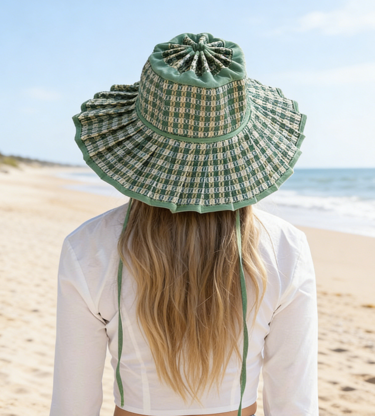 Checkered Straw Sun Hat: Brick red/mint