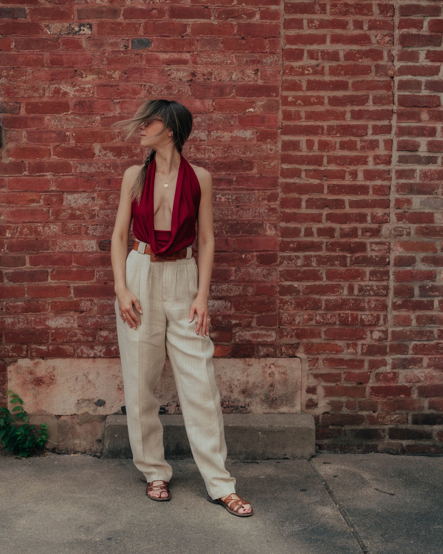 Oatmeal pinstripe linen trousers