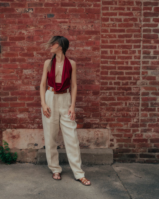 Oatmeal pinstripe linen trousers