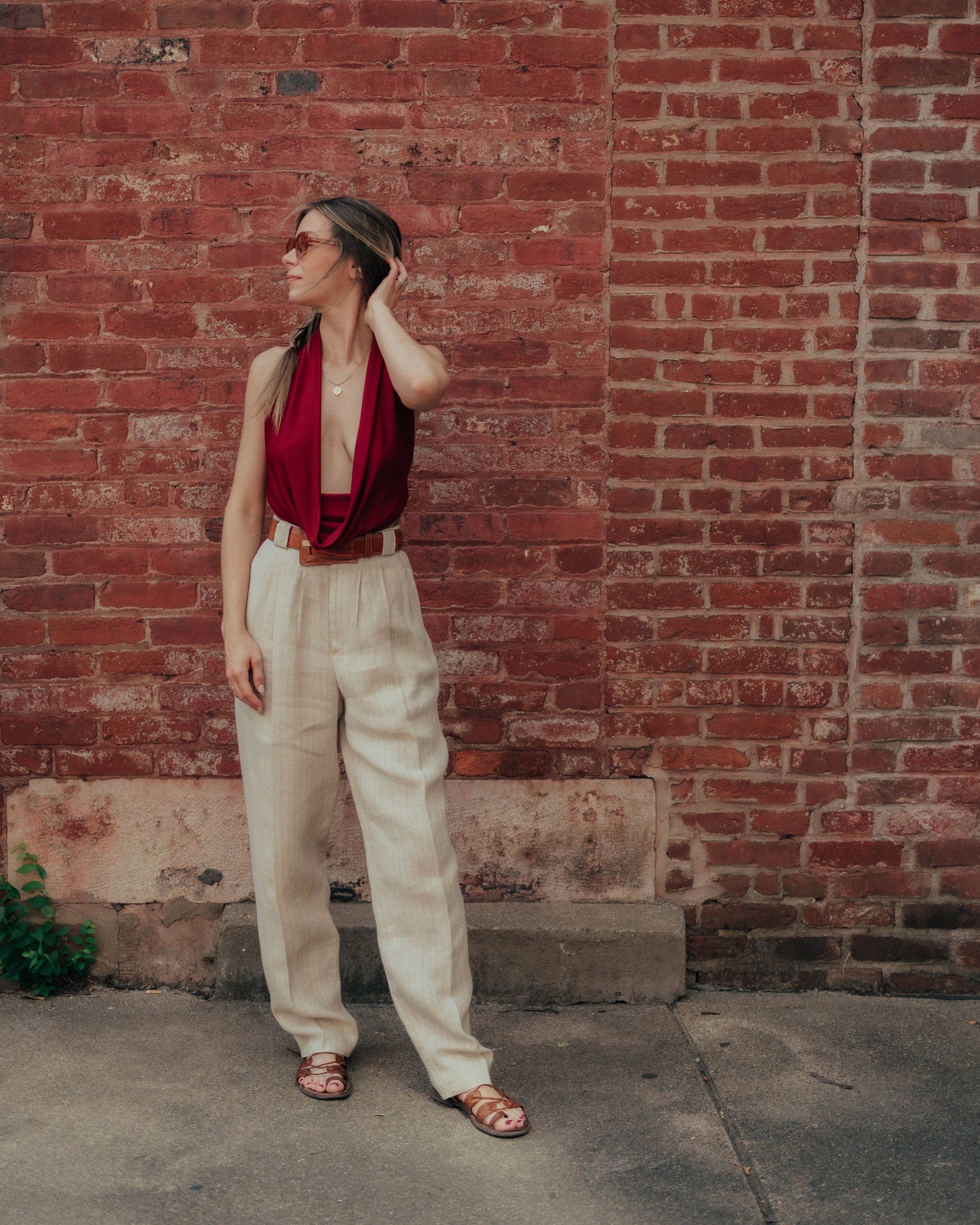 Oatmeal pinstripe linen trousers