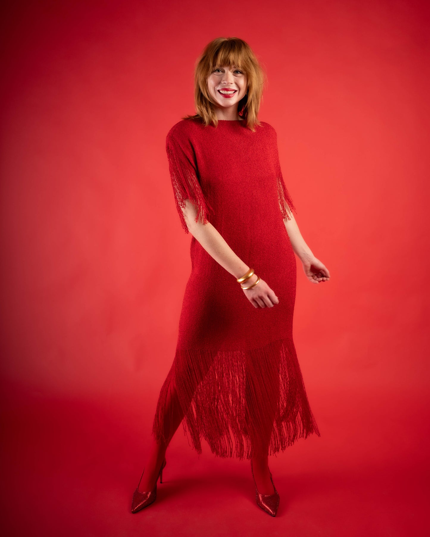 Panache red knit fringe dress