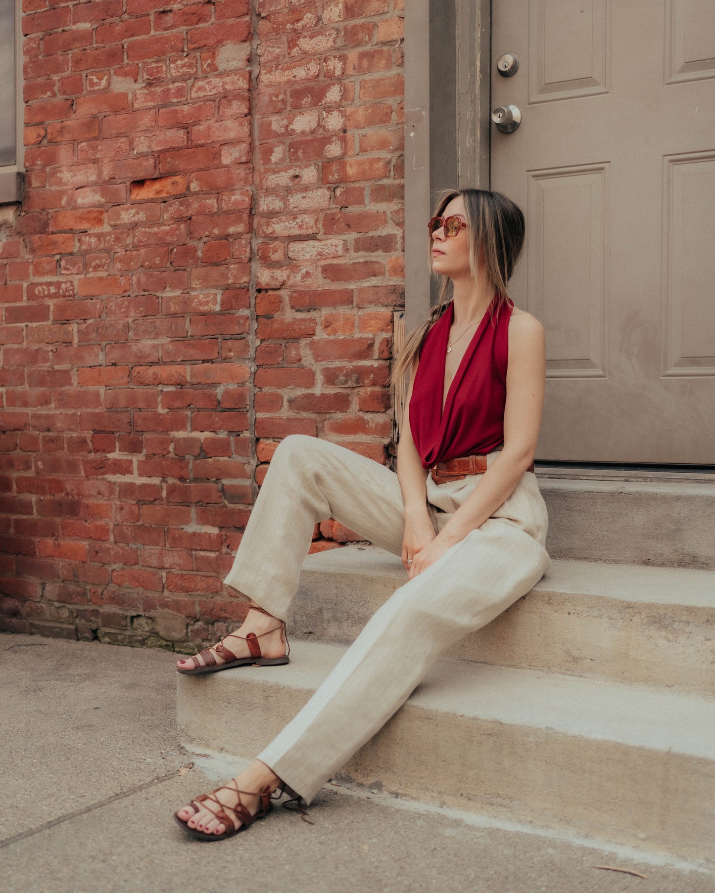 Oatmeal pinstripe linen trousers