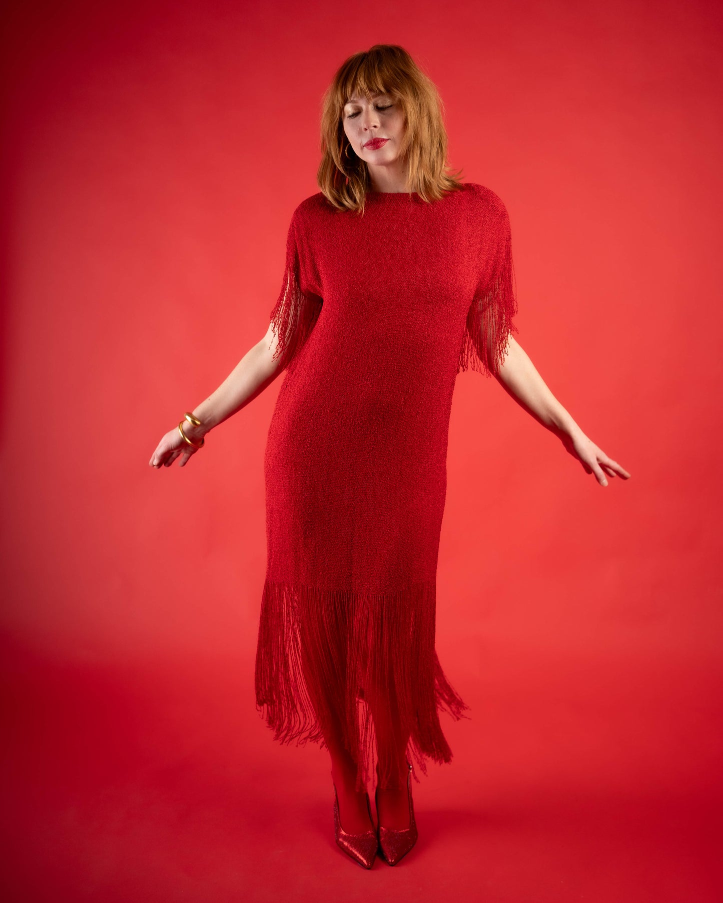 Panache red knit fringe dress