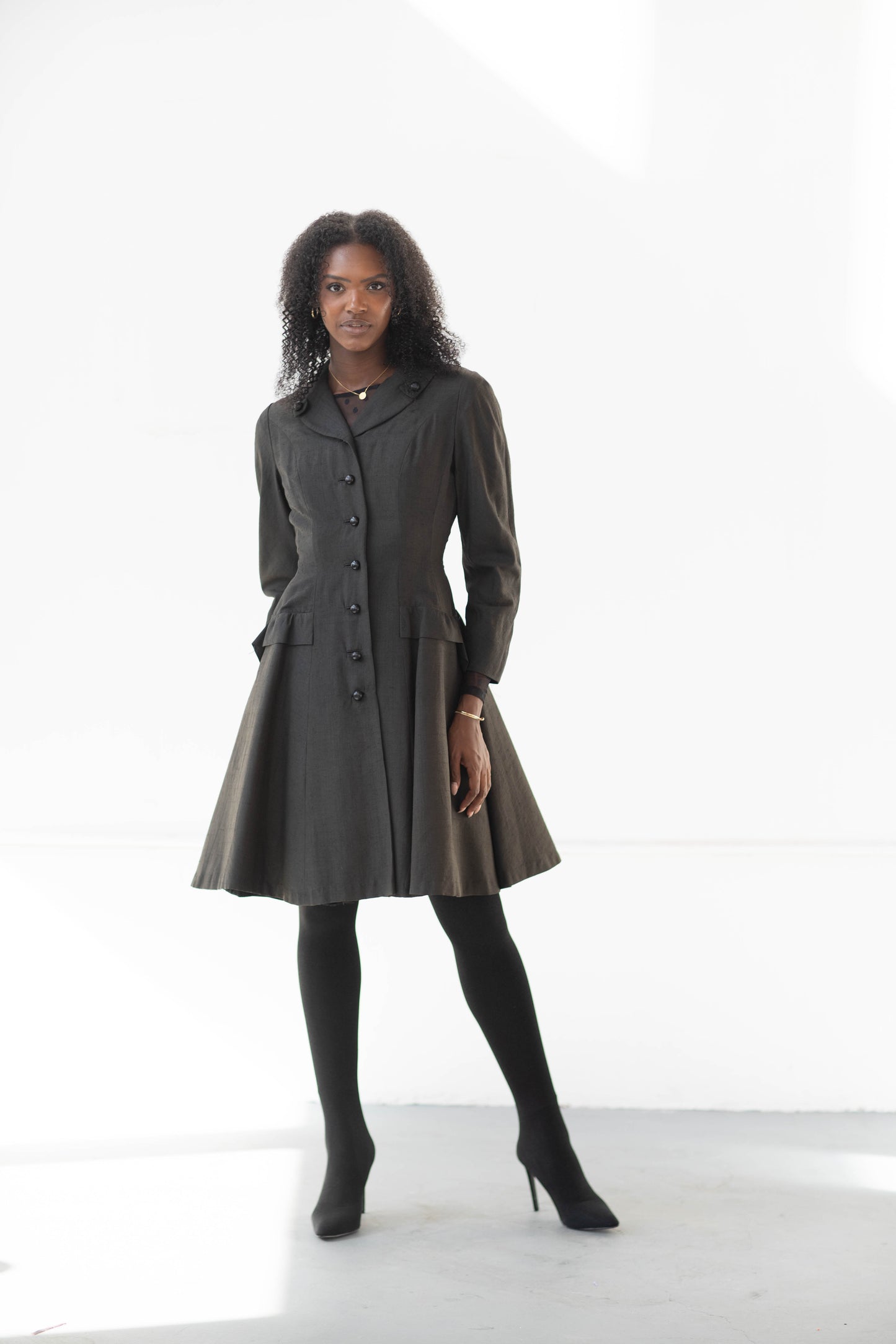 Gimbel Brother's charcoal silk princess coat dress