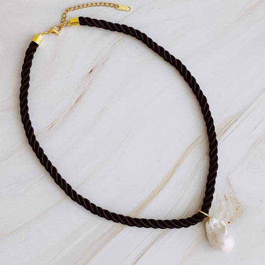 Satin Rope Baroque Pearl Necklace: Black