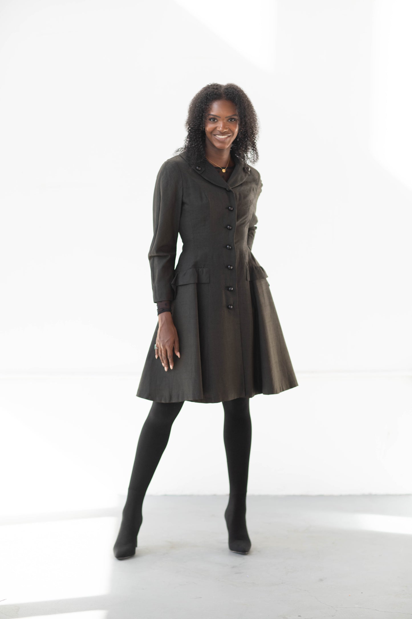 Gimbel Brother's charcoal silk princess coat dress