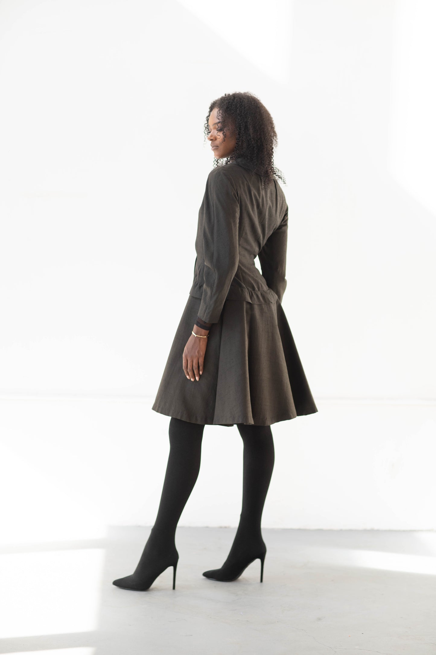 Gimbel Brother's charcoal silk princess coat dress