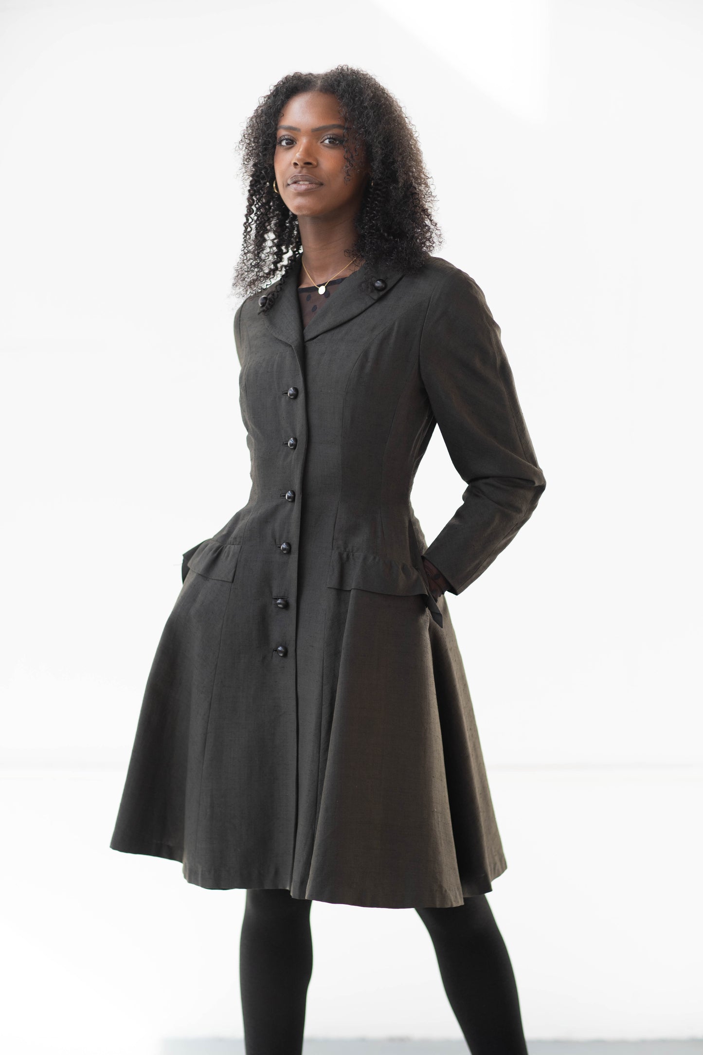 Gimbel Brother's charcoal silk princess coat dress