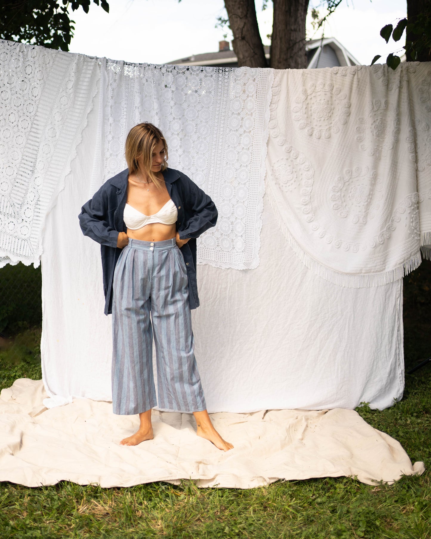 Blue two-tone striped linen culottes