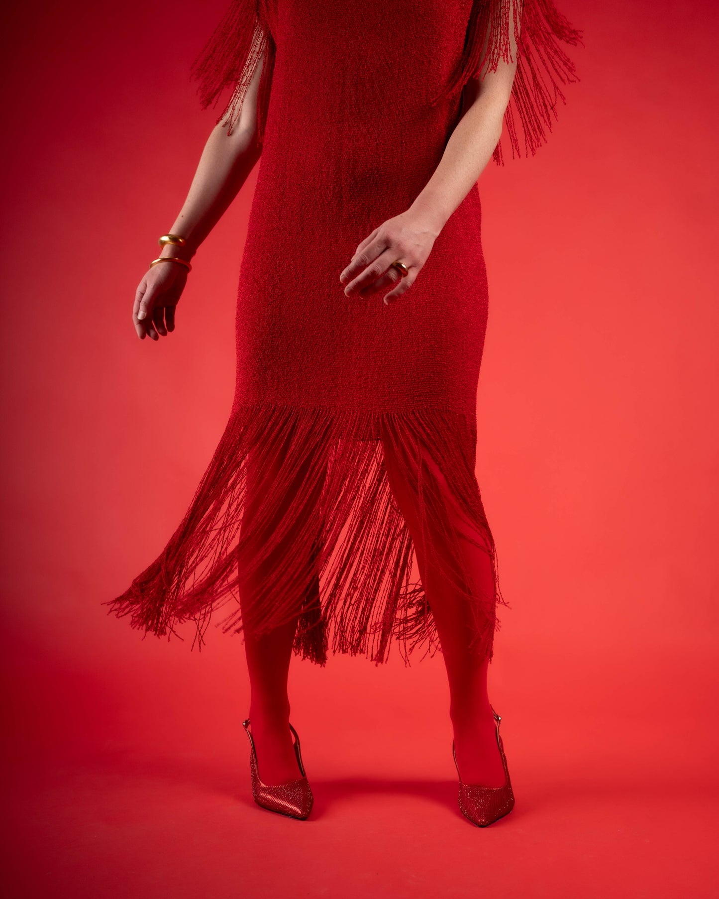 Panache red knit fringe dress
