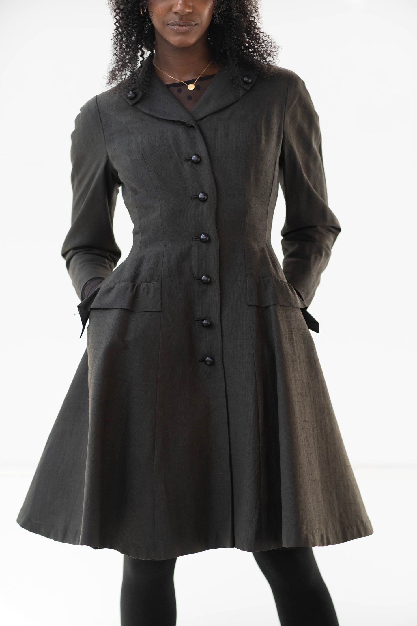 Gimbel Brother's charcoal silk princess coat dress