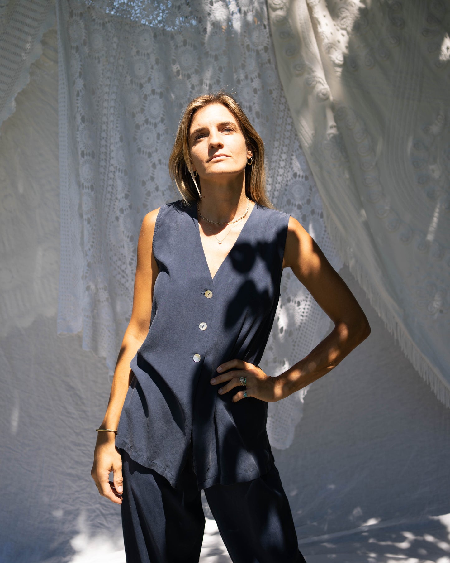 Clio navy silk vest set