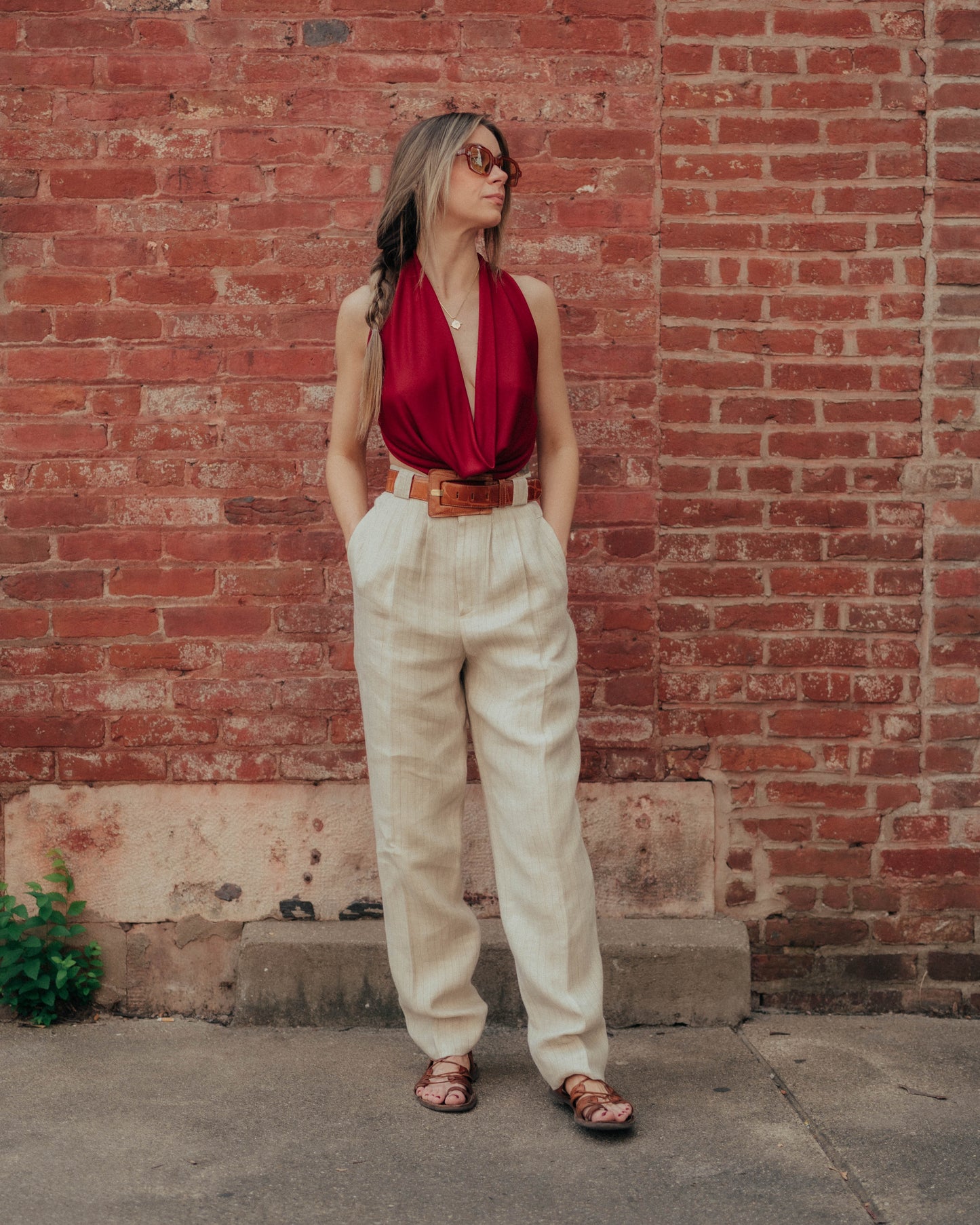 Oatmeal pinstripe linen trousers