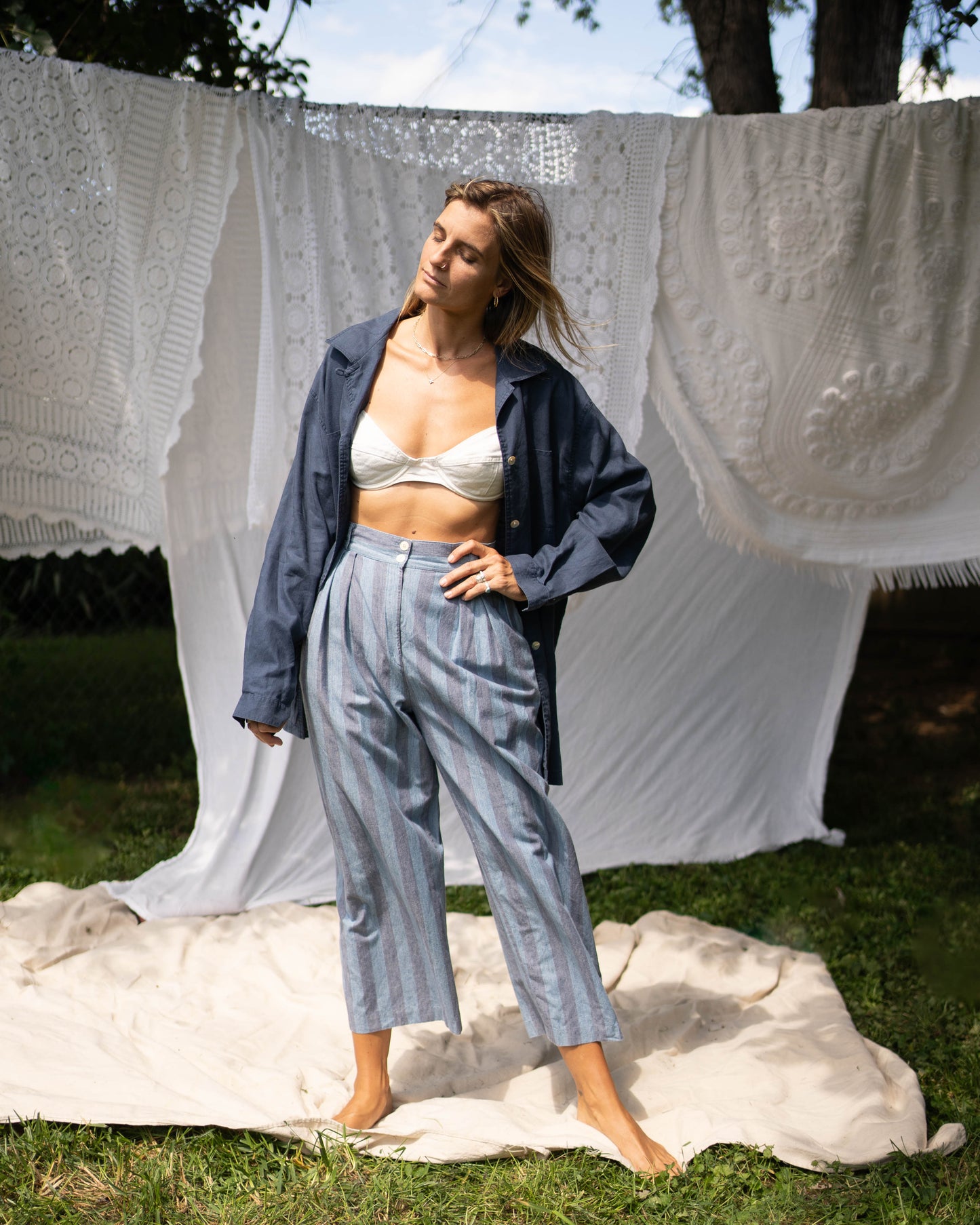 Blue two-tone striped linen culottes