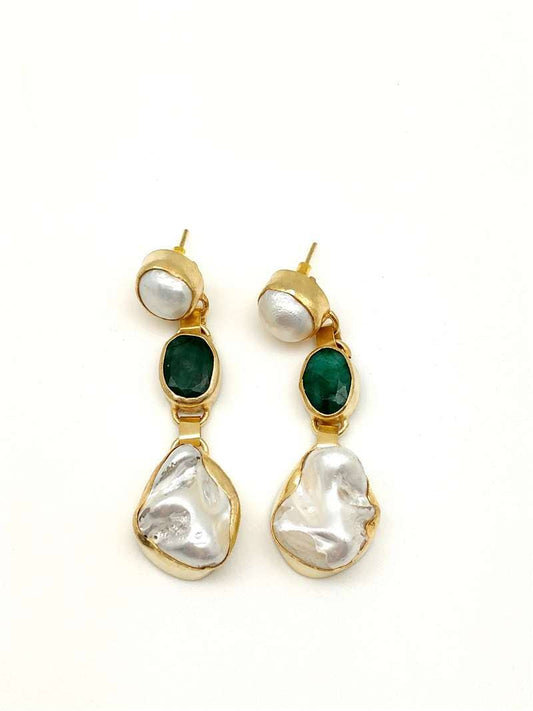 Baroque Pearl and Emerald Handmade Gold Earrings