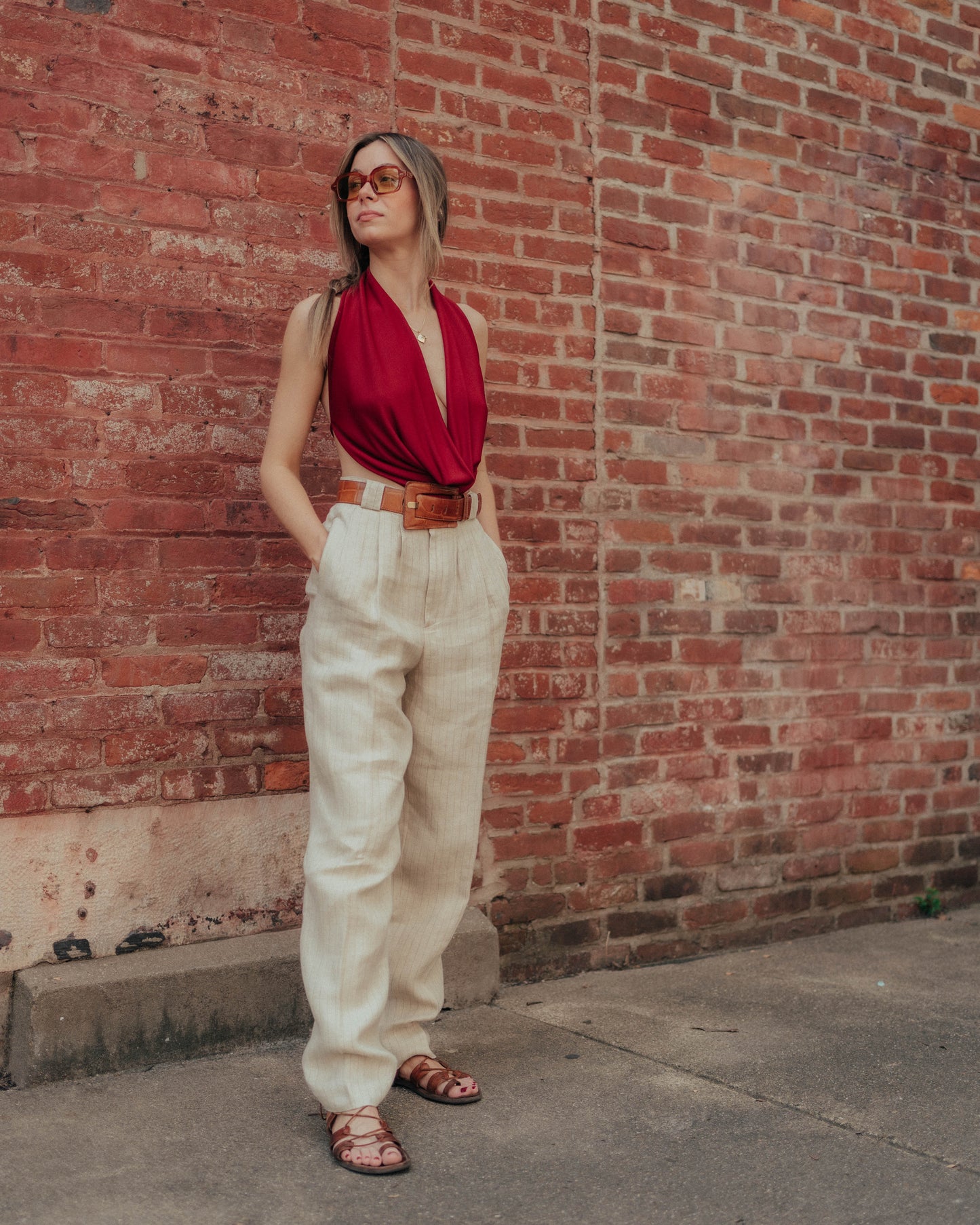 Oatmeal pinstripe linen trousers