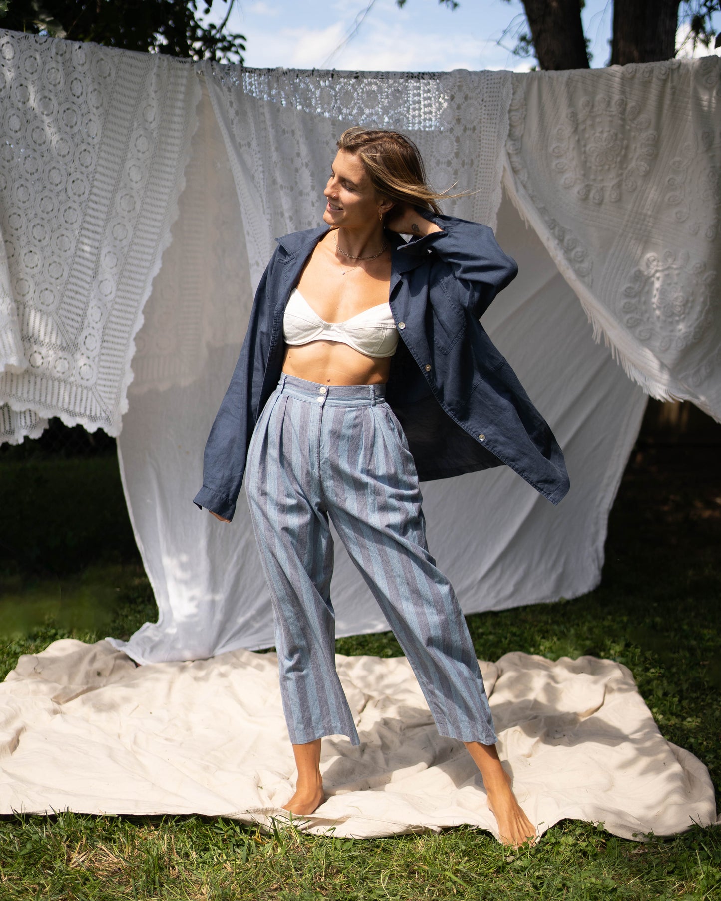 Blue two-tone striped linen culottes