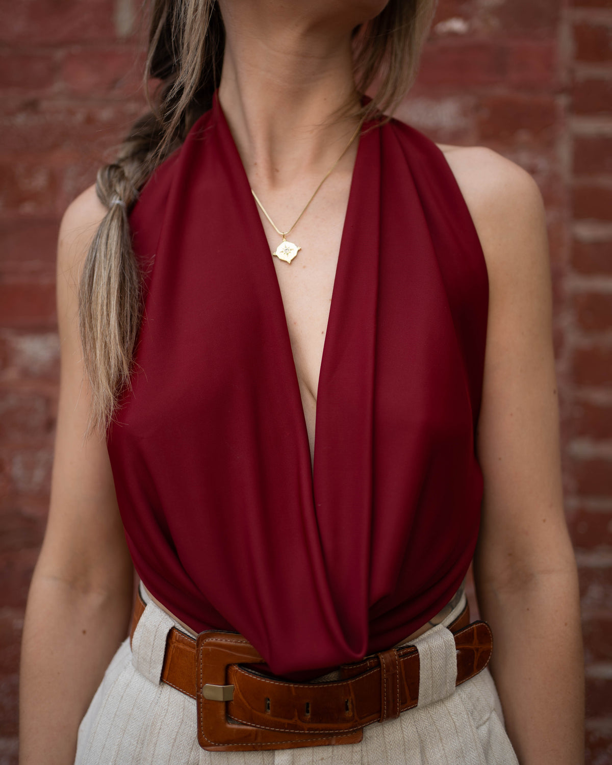 Wine backless deep cowl top