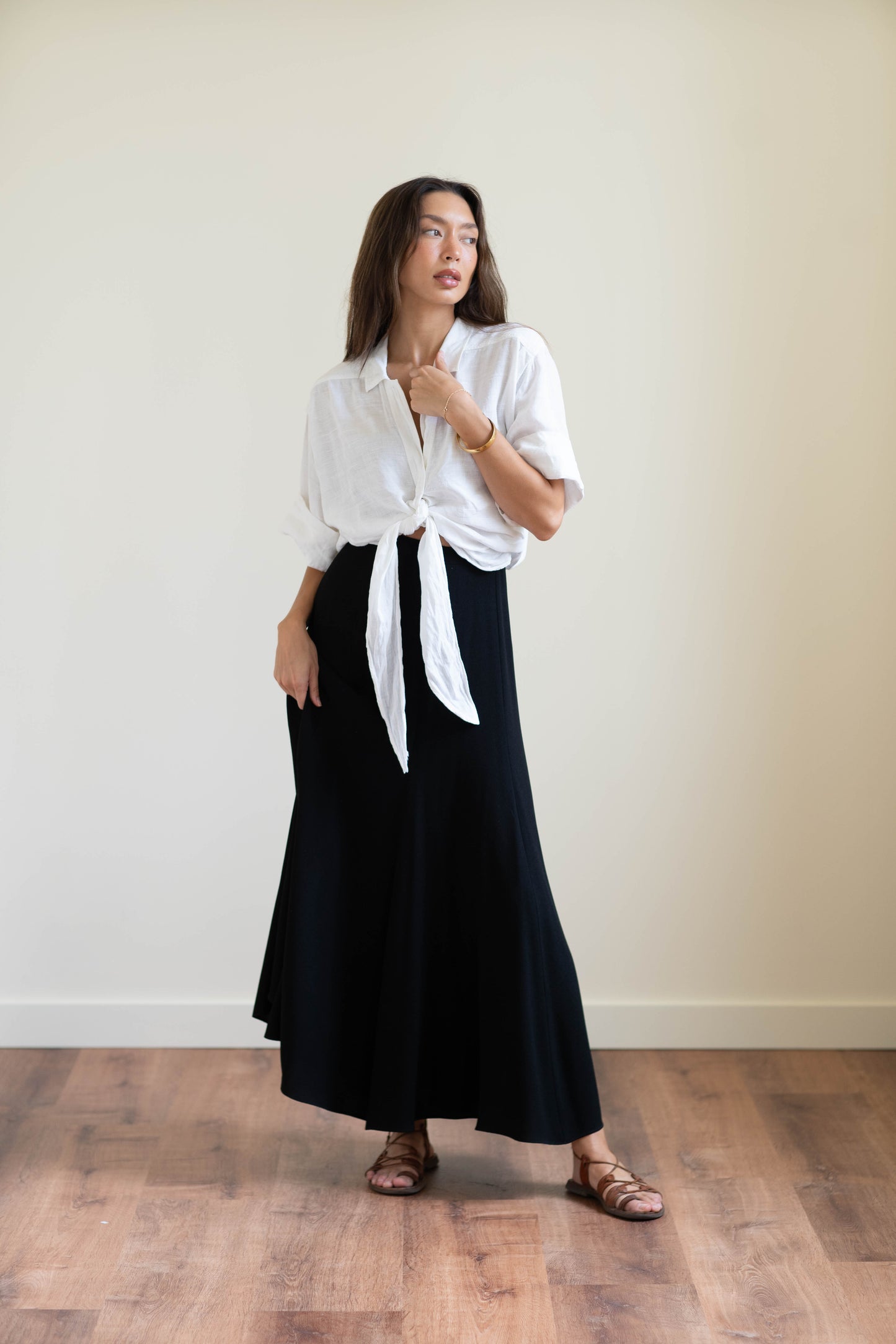 Zelda black crepe draped ankle skirt