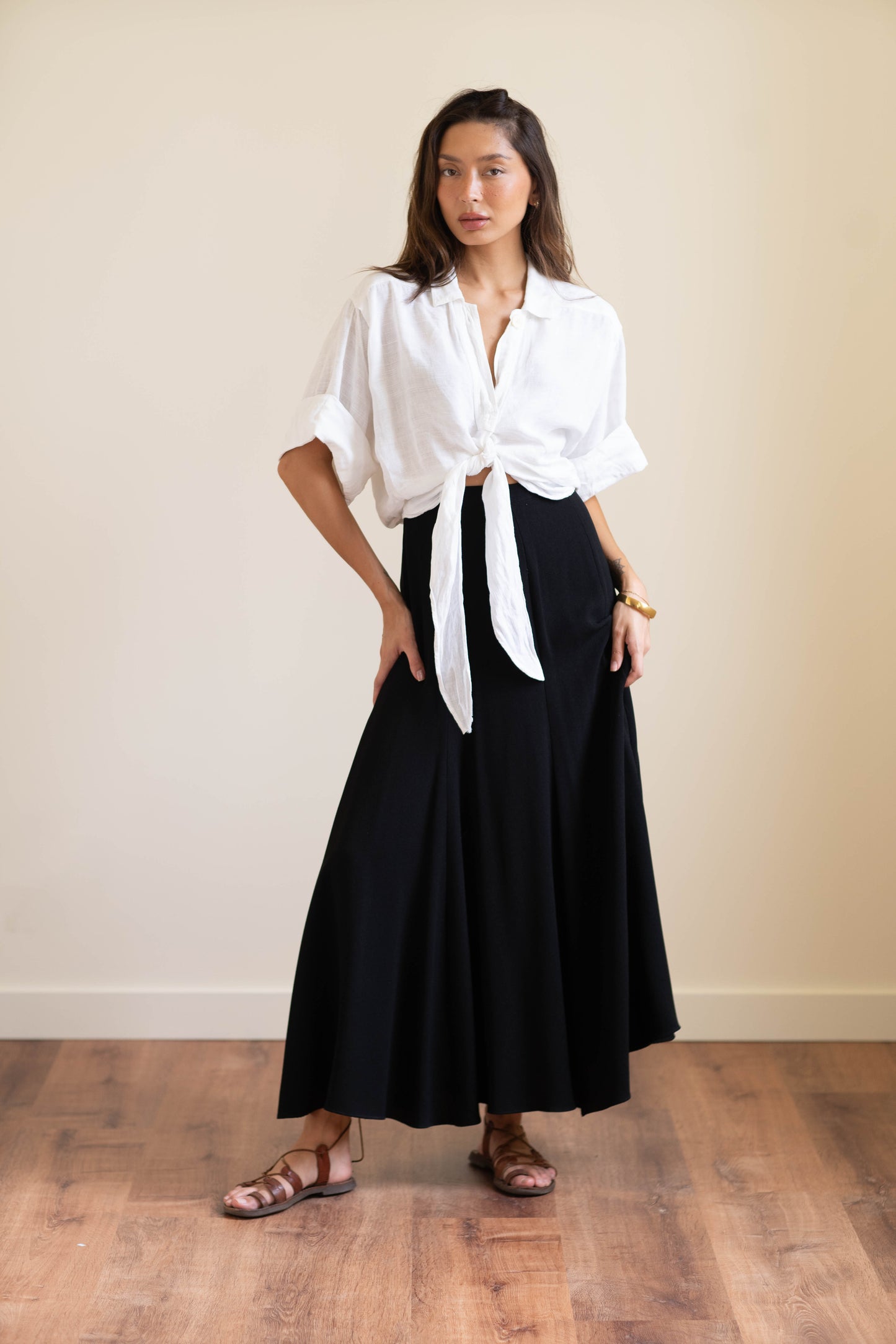 Zelda black crepe draped ankle skirt