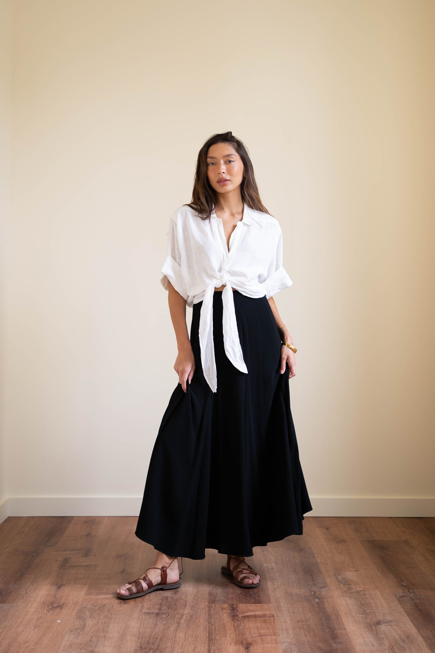 Zelda black crepe draped ankle skirt