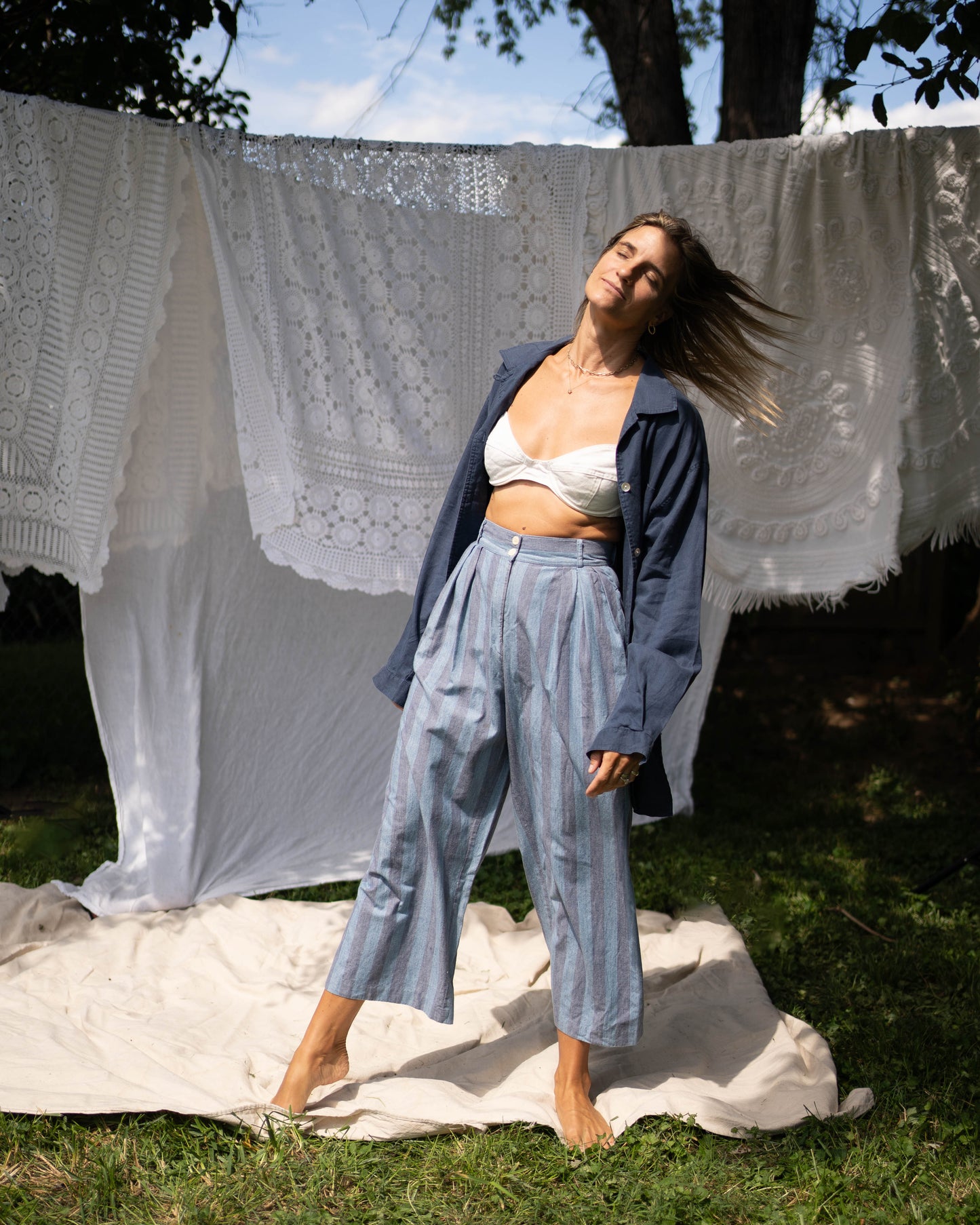 Blue two-tone striped linen culottes