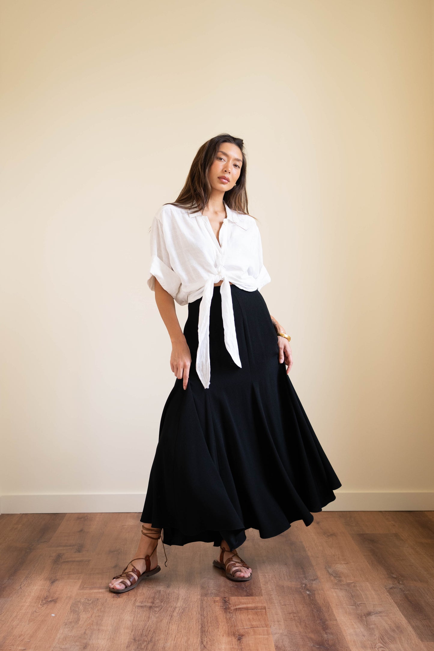 Zelda black crepe draped ankle skirt